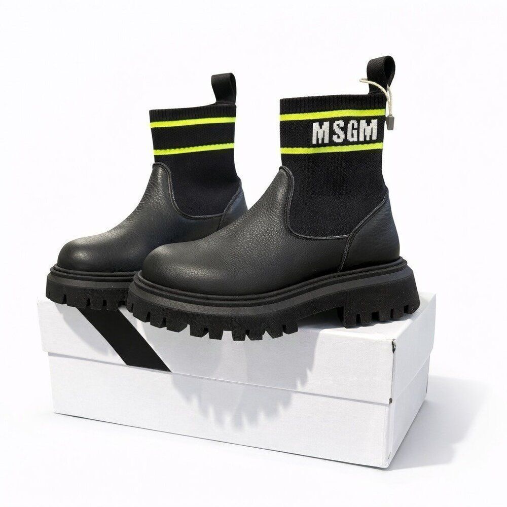 MSGM Kids Calf Leather Knit Logo Elastic Bootie Pull-on Lugged 69169 Size 28 EU